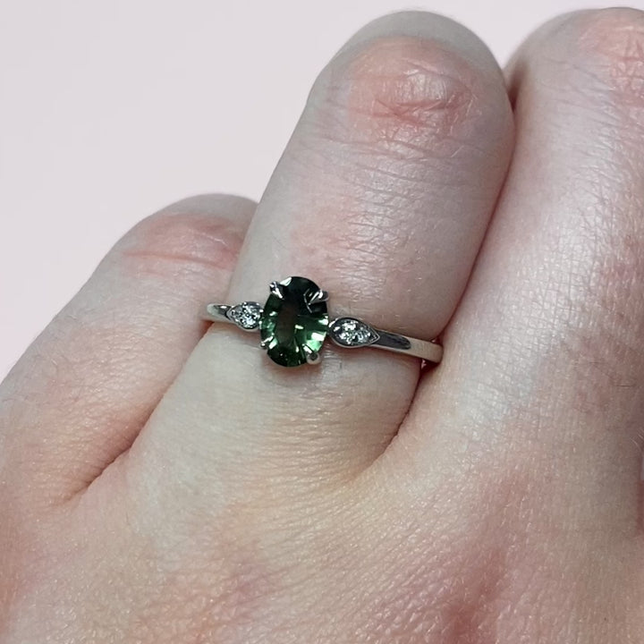 Rosa - Optix Oval Cut Green Tourmaline and Diamond Trilogy Engagement Ring