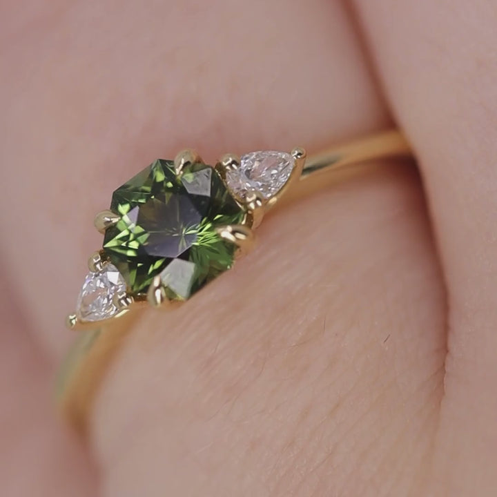 Elspeth - Green Fancy Cut Octagon Tourmaline Trilogy Engagement Ring - Ready-to-Wear