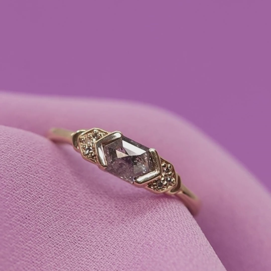 Frida - Elongated Hexagon Salt & Pepper Diamond Dainty Deco Engagement Ring - Custom Made-to-Order Design