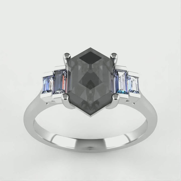 Erin - Hexagon Salt and Pepper Diamond Art Deco Engagement Ring - Ready-to-Wear