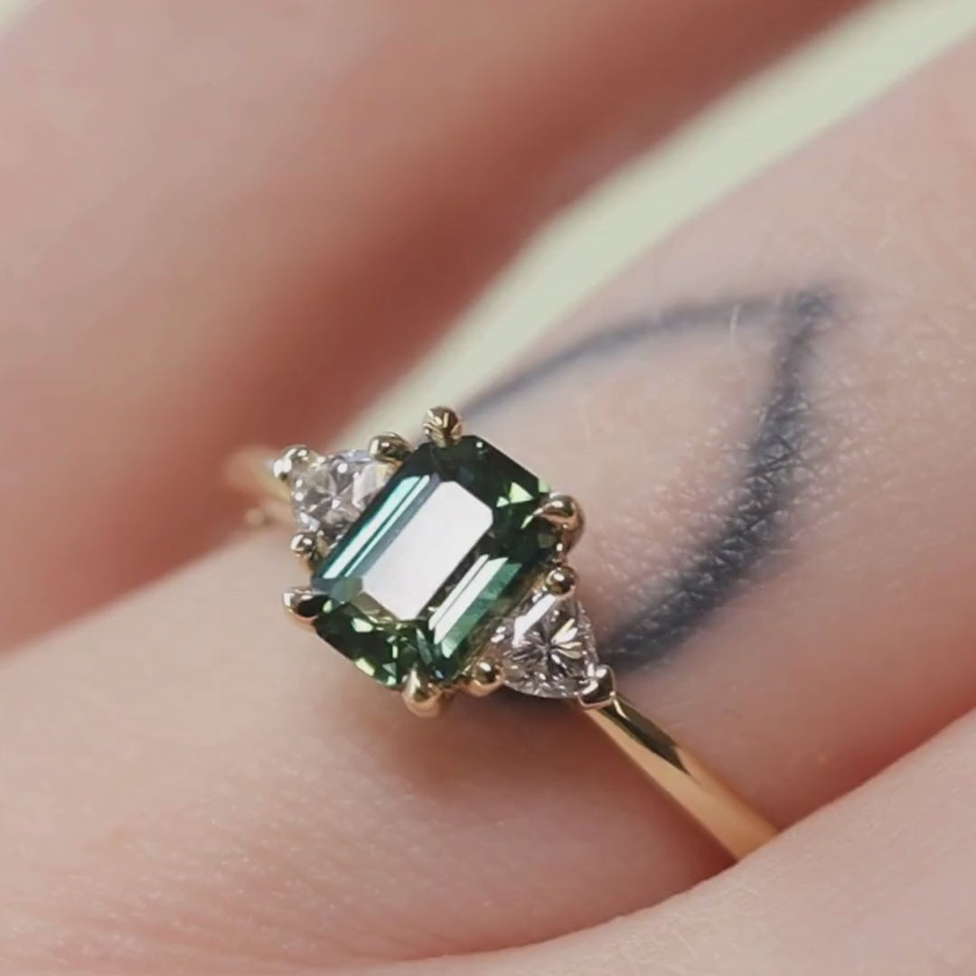 Delphine - Emerald Cut Teal Sapphire Trilogy Engagement Ring - Ready-to-Wear