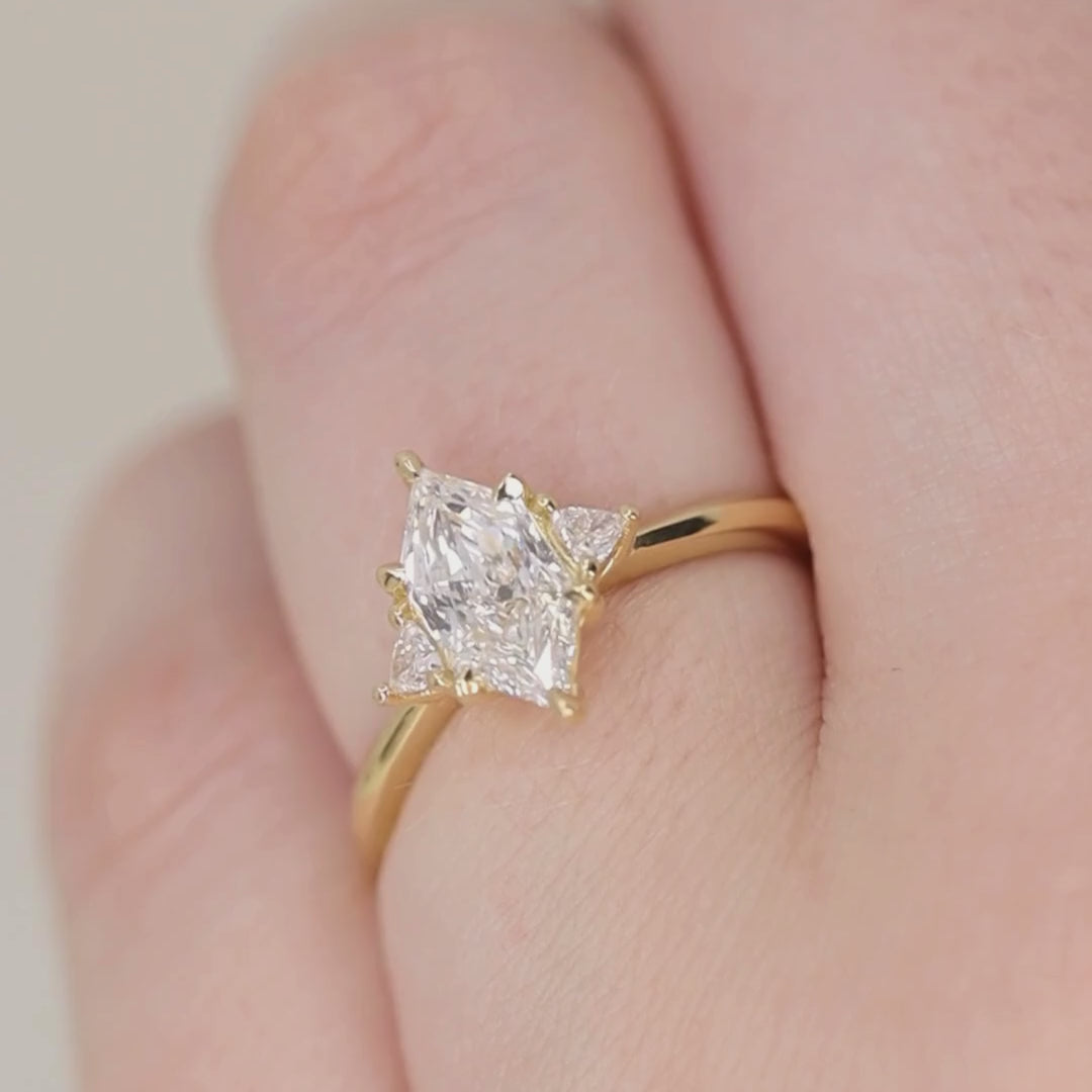 Delphine - Elongated Hexagon Cut Lab Grown Diamond Trilogy Engagement Ring - Ready-to-Wear Engagement Rings - Ready-to-Ship