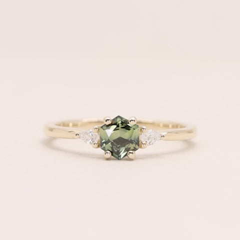 Elspeth - Hexagon Green Teal Sapphire Trilogy Engagement Ring - Ready-to-Wear Engagement Rings - Ready-to-Ship