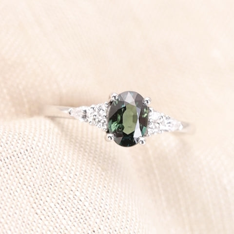 Alana - Oval Cut Blue Teal Sapphire Floral Cluster Engagement Ring - Ready-to-Wear Engagement Rings - Ready-to-Ship