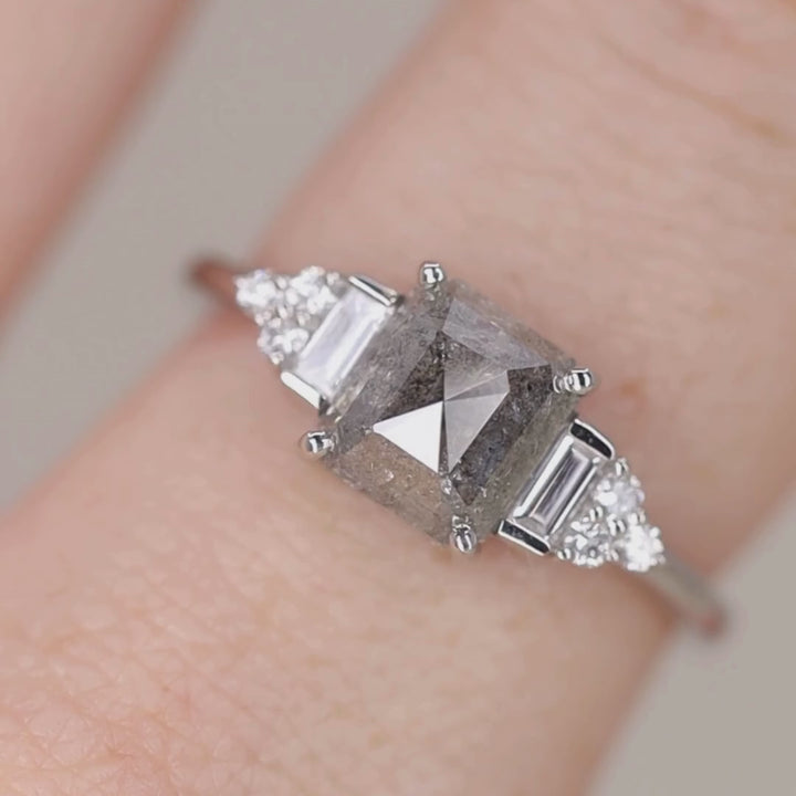 Art deco inspired engagement ring with salt and pepper diamond and white diamond side stones