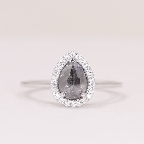 Winter - Pre-Owned - Pear Cut Salt &amp; Pepper Diamond Halo Engagement Ring - Ready-to-Wear Engagement Rings - Ready-to-Ship