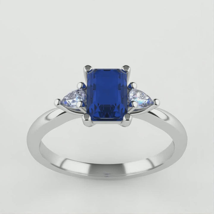 Elspeth - Radiant Cut Blue Sapphire and Diamond Trilogy Engagement Ring