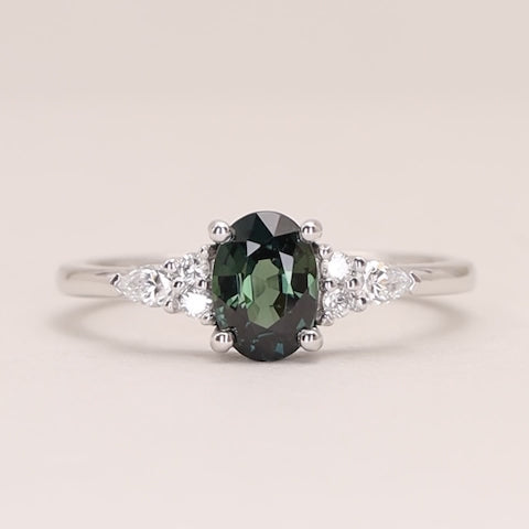 Alana - Oval Cut Blue Teal Sapphire Floral Cluster Engagement Ring - Ready-to-Wear Engagement Rings - Ready-to-Ship