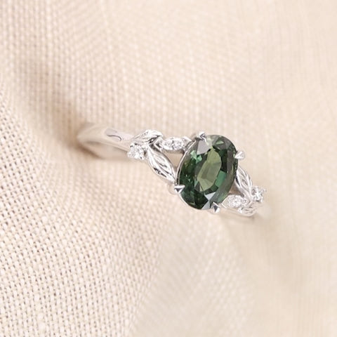 Amy - Oval Teal Sapphire Floral Nature-Inspired Split Shoulder Engagement Ring - Ready-to-Wear Engagement Rings - Ready-to-Ship