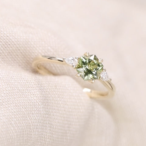 Elspeth - Hexagon Green Tourmaline Trilogy Engagement Ring - Ready-to-Wear