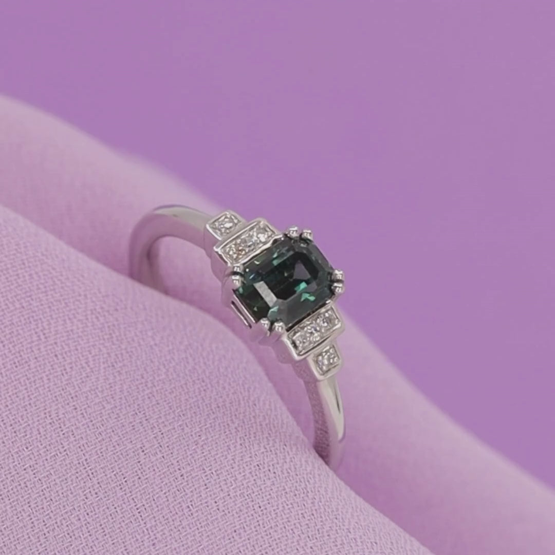 Grace - Emerald Cut Teal Sapphire Engagement Ring with Diamond Bars in Platinum - Ready-to-Wear