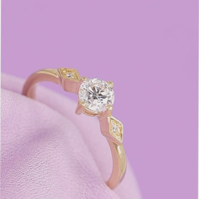 Hollie - Dainty Deco Collection - Round Brilliant Cut Lab Grown Diamond Art Deco Engagement Ring in Yellow Gold - Ready-to-Wear