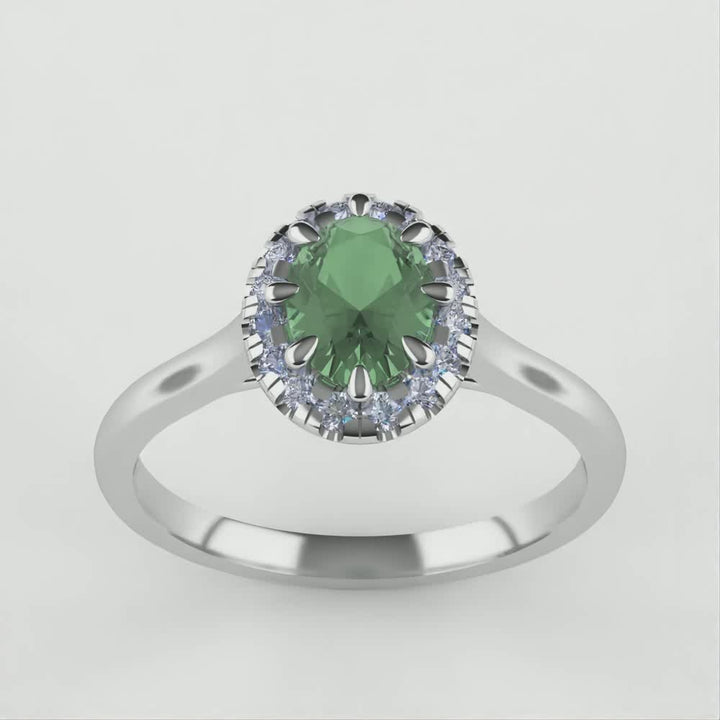 Charlotte - Oval Cut Green Teal Sapphire Hugging Halo Engagement Ring