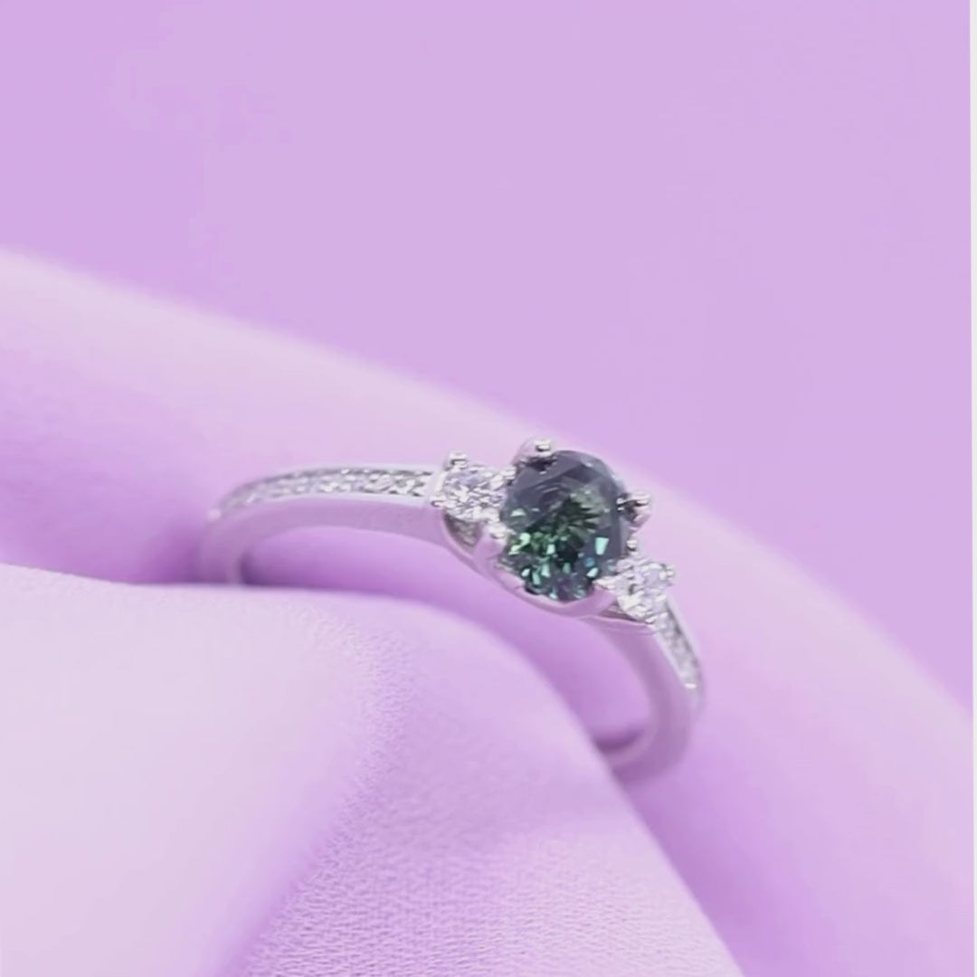 Callie - Oval Cut Teal Sapphire and Round Brilliant Cut Lab Grown Diamond Trilogy Engagement Ring - Ready-to-Wear