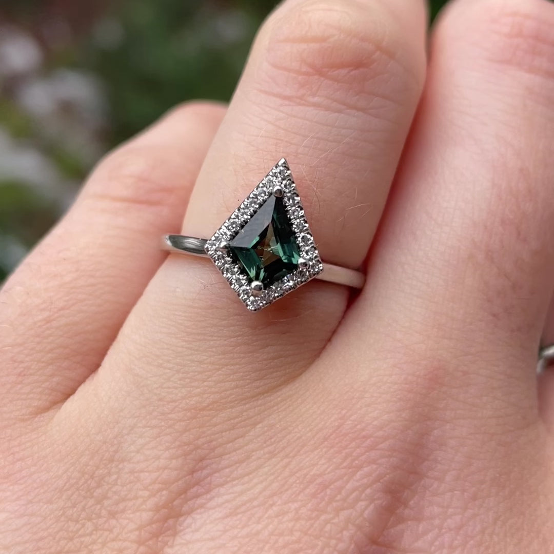 Winter - Kite Shaped Teal Sapphire and Lab Grown Diamond Halo Engagement Ring in Platinum - Ready-to-Wear