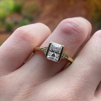 Hattie - Radiant or Emerald Cut Earth or Lab Grown Diamond Half Bezel Set Modern Art Deco Engagement Ring with Diamond Side Stones - Custom Made-to-Order Design