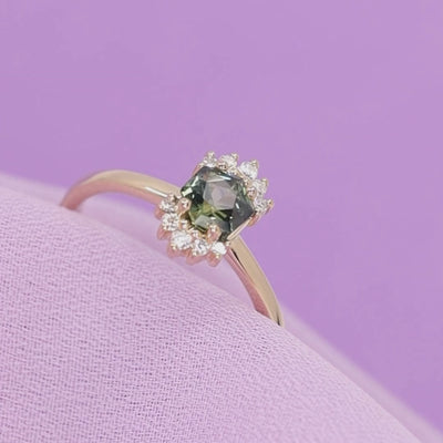 Ariana - Hexagon Cut Green Teal Sapphire Ring with Double Diamond Crown in 14ct Yellow Gold - Ready-to-Wear
