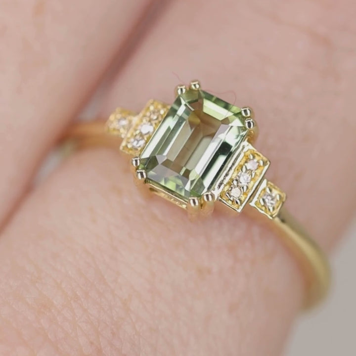 Grace - Emerald Cut Green Tourmaline Cluster Engagement Ring - Ready-to-Wear