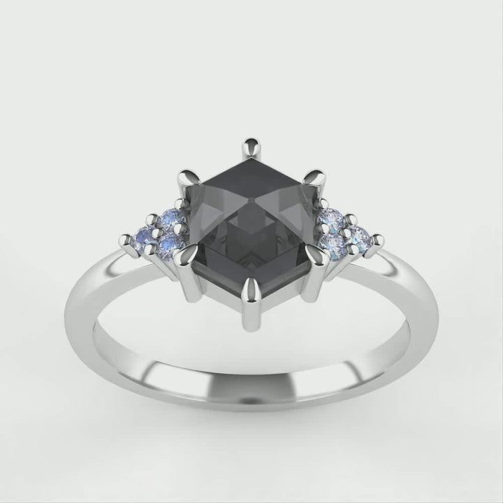 Henrietta - Hexagon Salt and Pepper Diamond Cluster Engagement Ring