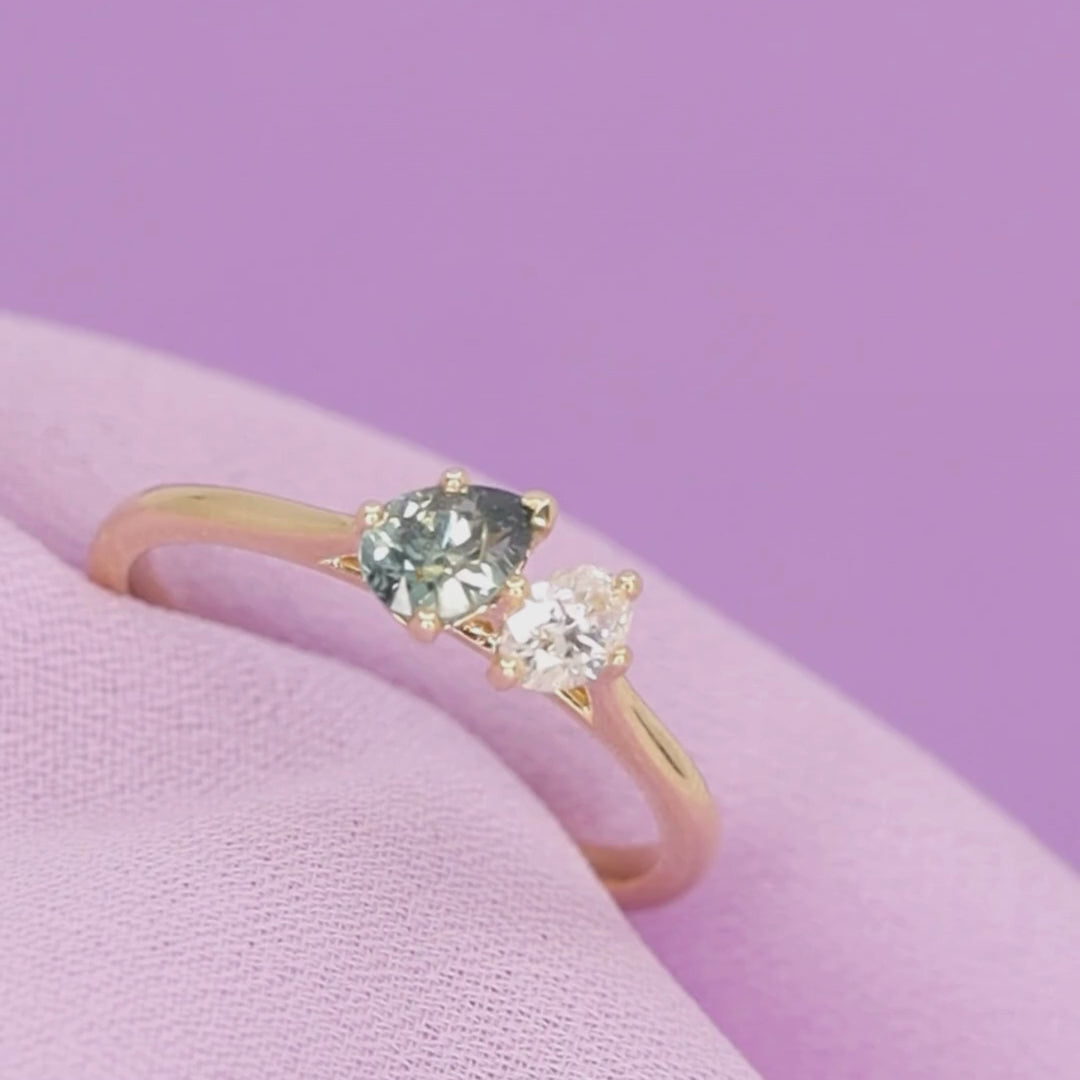 Juno - Dopamine by Jessica Flinn - Teardrop/Pear Cut Teal Sapphire and Oval Cut Lab Grown Diamond Toi et Moi Style Ring in 18ct Yellow Gold - Ready-to-Wear