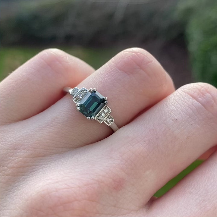 Grace - Emerald Cut Teal Sapphire Engagement Ring with Diamond Bars in Platinum - Ready-to-Wear