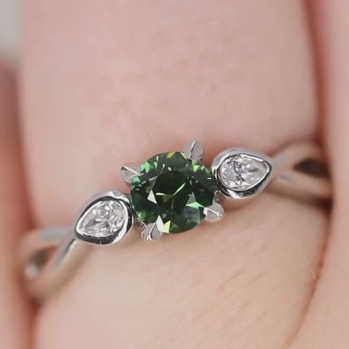 Evangeline - Round Brilliant Cut Teal Sapphire Trilogy Engagement Ring - Ready-to-Wear Engagement Rings - Ready-to-Ship