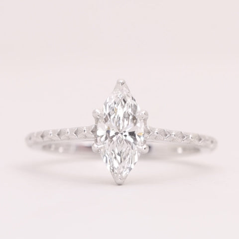 Flora - Marquise Cut Lab Grown Diamond Tulip Basket Solitaire Patterned Band Nature-Inspired Engagement Ring - Ready-to-Wear Engagement Rings - Ready-to-Ship