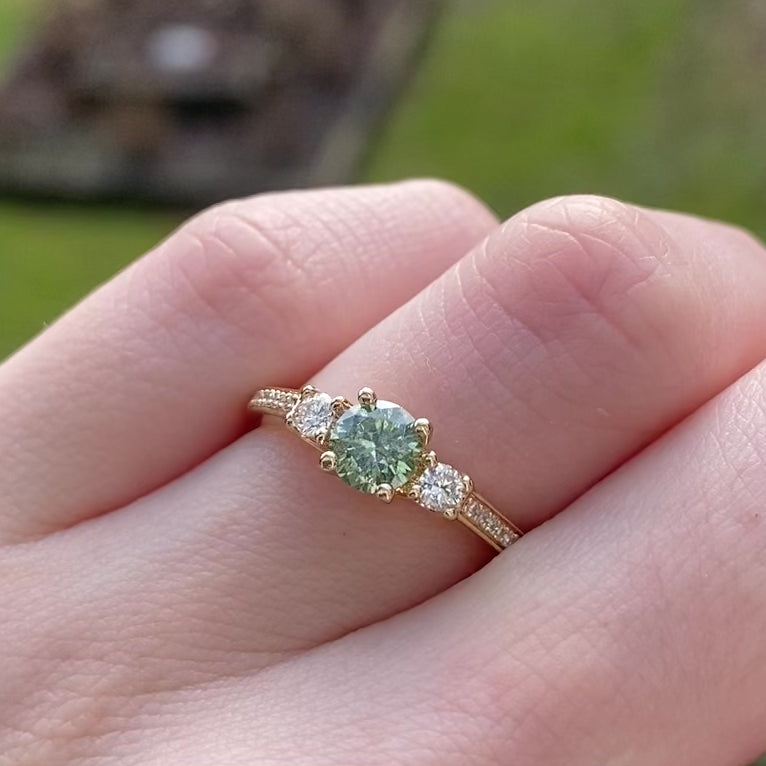 Callie - Round Brilliant Cut Green Diamond and Lab Grown Diamond Trilogy Engagement Ring in 14ct Yellow Gold - Ready-to-Wear