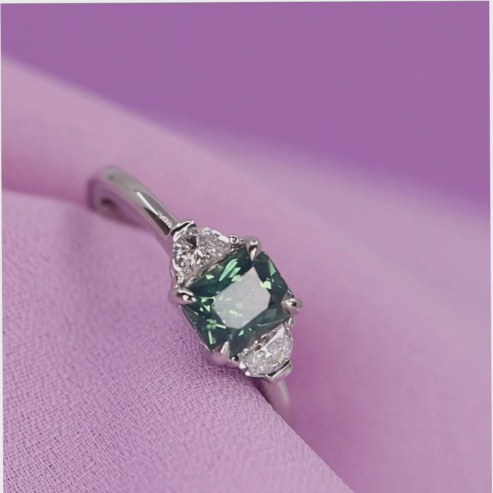 Luna - Radiant Cut Opalescent Teal Sapphire Ring with Half Moon Lab Grown Diamond Side Stones in Platinum - Ready-to-Wear