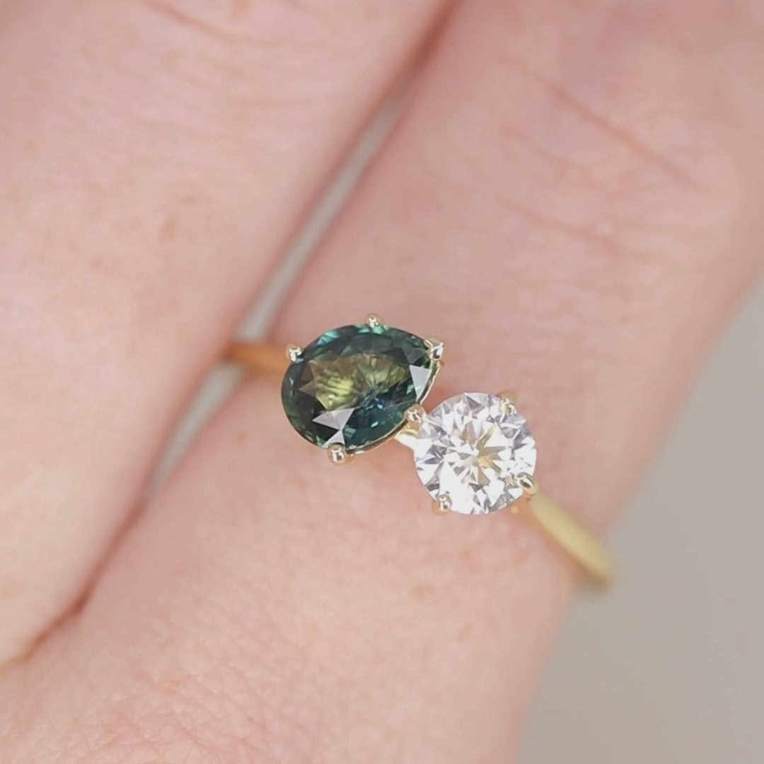 Juno - Pear Teal Sapphire and Round Lab Grown Diamond Toi et Moi Engagement Ring - Ready-to-Wear