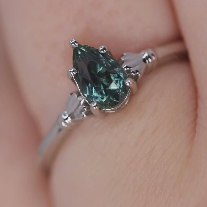 Tilly - Pear Teardrop Cut Teal Sapphire Art Deco Solitaire Engagement Ring - Ready-to-Wear