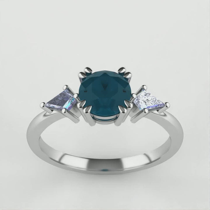 Dahlia - Round Cut Teal Sapphire and Kite Cut Lab Grown Diamonds Trilogy Engagement Ring