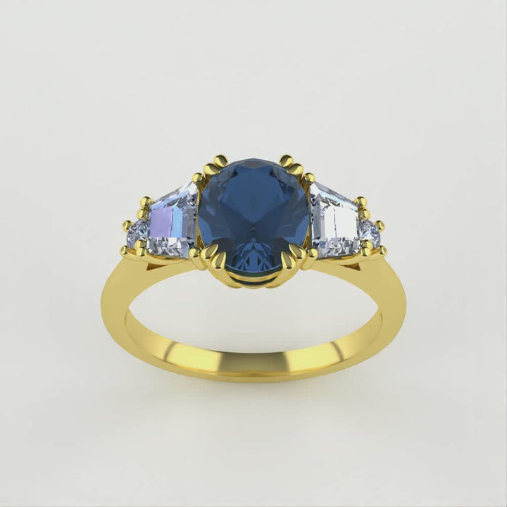 Portia - Oval Cut Blue Sapphire Ring and Diamond Trilogy Engagement Ring