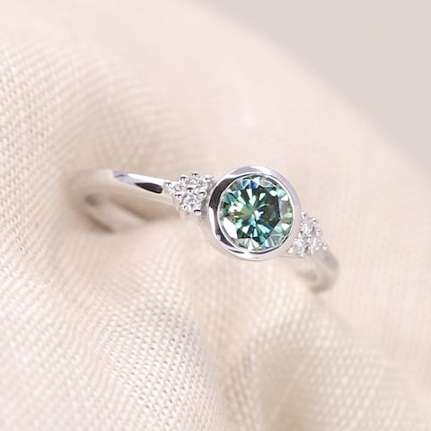 Henrietta - Round Teal Moissanite Bezel Set Cluster Made-to-Order Engagement Ring