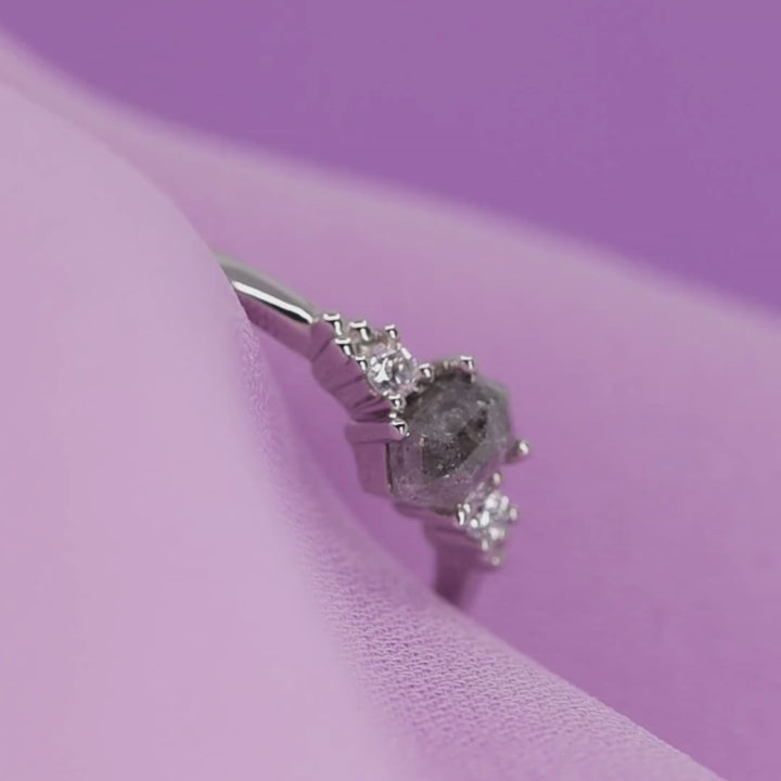 Natalia - Hexagon Rose Cut Salt & Pepper Diamond and Lab Grown Diamond Trilogy Engagement Ring - Made-To-Order