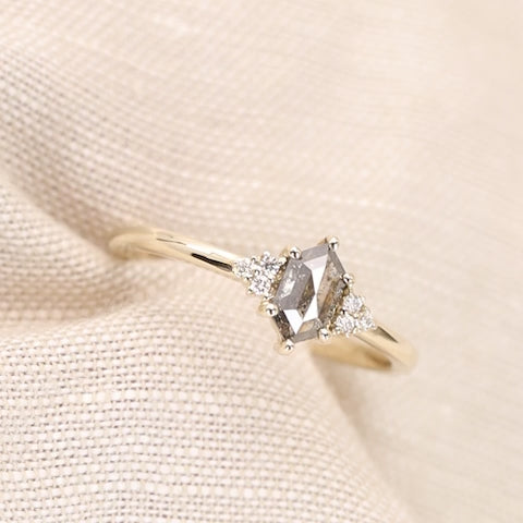 Henrietta - Hexagon Cut Salt &amp; Pepper Diamond Trefoil Cluster Engagement Ring - Ready-to-Ship Engagement Rings - Ready-to-Ship