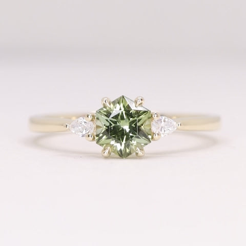 Elspeth - Hexagon Green Tourmaline Trilogy Engagement Ring - Ready-to-Wear