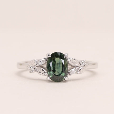 Amy - Oval Teal Sapphire Floral Nature-Inspired Split Shoulder Engagement Ring - Ready-to-Wear Engagement Rings - Ready-to-Ship