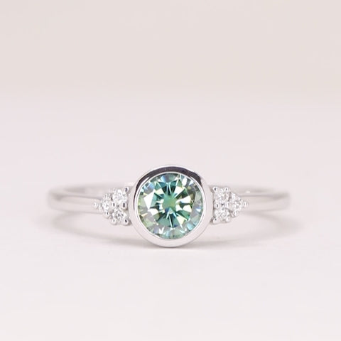Henrietta - Round Teal Moissanite Bezel Set Cluster Made-to-Order Engagement Ring