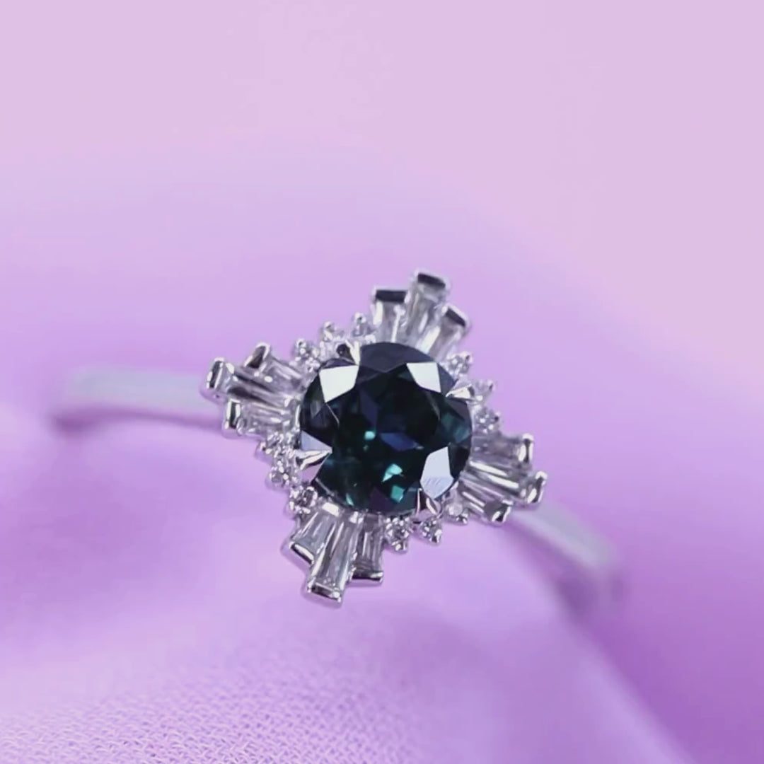 Ada - Dopamine by Jessica Flinn - Round Brilliant Cut Teal Sapphire Art Deco Halo Engagement Ring - Made-To-Order