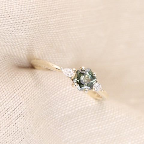 Elspeth - Hexagon Green Teal Sapphire Trilogy Engagement Ring - Ready-to-Wear Engagement Rings - Ready-to-Ship