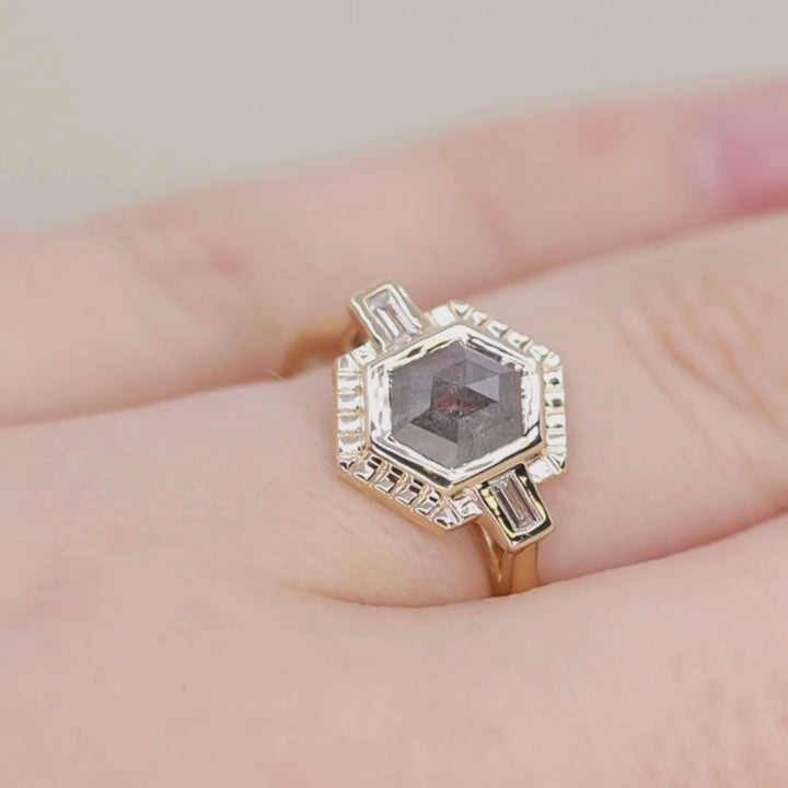 Olivia - Hexagon Salt & Pepper Diamond Art Deco Sunbeam Halo Engagement Ring - Ready-to-Wear