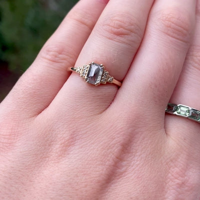 Grace - Emerald Cut Salt and Pepper Diamond Engagement Ring with Diamond Bars in Yellow Gold - Ready-to-Wear
