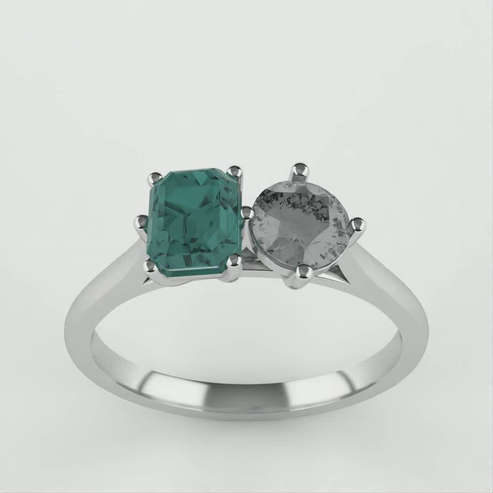 Juno - Emerald Cut Teal Sapphire and Round Salt and Pepper Diamond Toi et Moi Engagement Ring