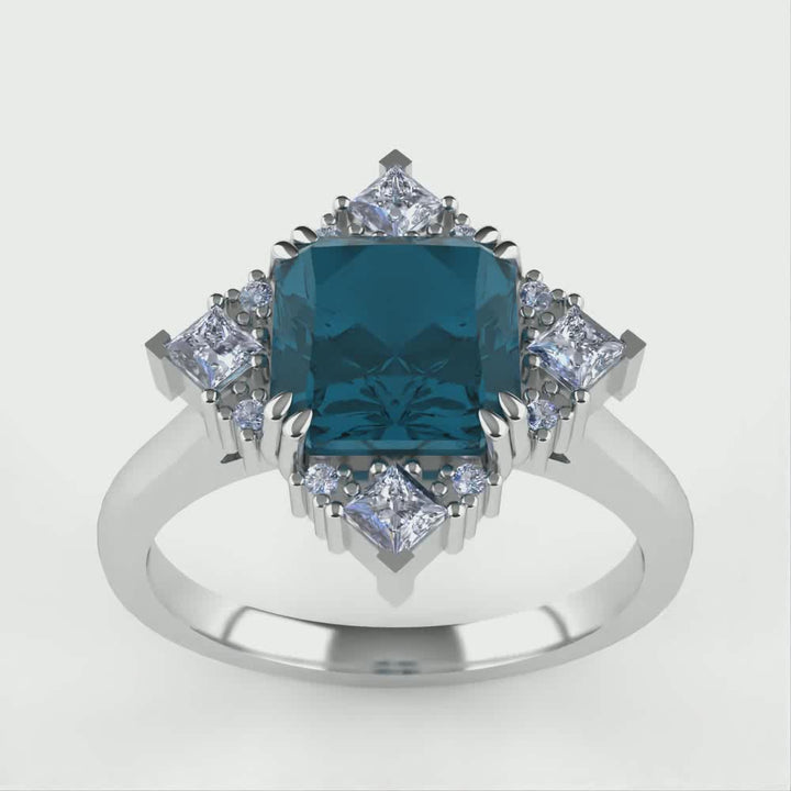 Scarlett - Emerald Cut Teal Sapphire Halo Engagement Ring - Ready-to-Wear