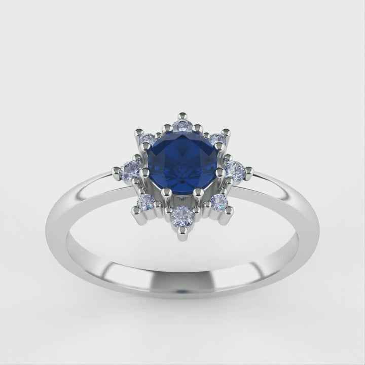 Mabel - Round Cut Blue Sapphire and Diamond Halo Engagement Ring