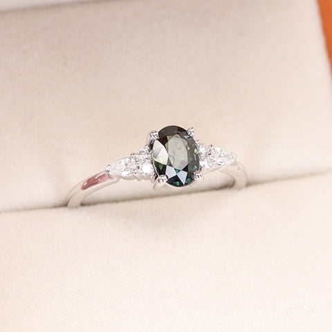 Alana - Oval Cut Blue Teal Sapphire Floral Cluster Engagement Ring - Ready-to-Wear Engagement Rings - Ready-to-Ship