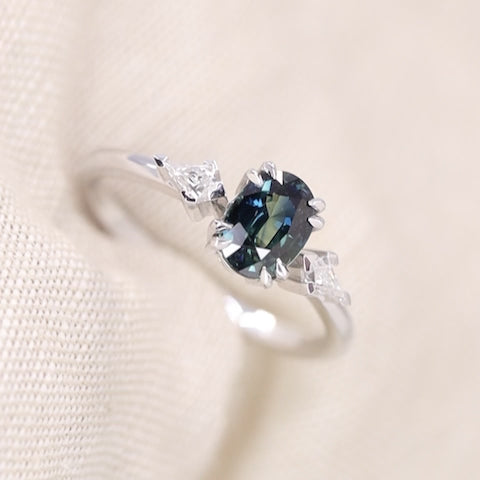 Dahlia - Oval Cut Teal Sapphire Trilogy Made-to-Order Engagement Ring Engagement Rings - Made-to-Order