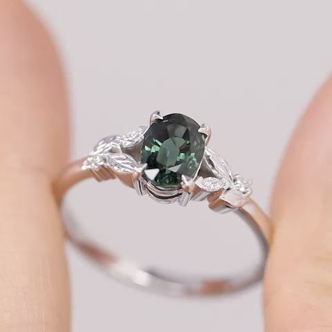 Amy - Oval Teal Sapphire Floral Nature-Inspired Split Shoulder Engagement Ring - Ready-to-Wear Engagement Rings - Ready-to-Ship
