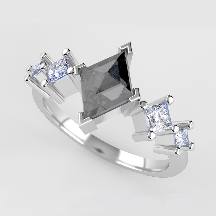 Bonnie - The Taylor Collection - Kite Shaped Salt & Pepper Diamond Engagement Ring with Princess Cut Sides Stones - Made-to-Order